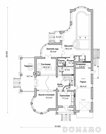 Проект коттеджа с бассейном, зимним садом и гаражом на 2 а/м,  / План 1 этажа Проект коттеджа с бассейном, зимним садом и гаражом на 2 а/м,  / План 1 этажа