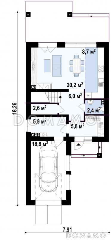 Проект двухэтажного дома из кирпича с фронтальным гаражом для узкого участка / План 1 этажа