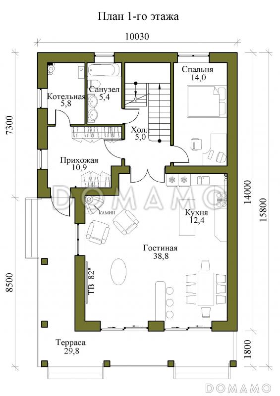 Проект трехэтажного газобетонного дома с пятью спальнями, холодным чердаком и подвалом / План 1 этажа
