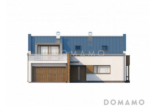 Проект просторного современного мансардного дома из газобетона с пятью комнатами, эркером и террасой над гаражом / Фасад 1