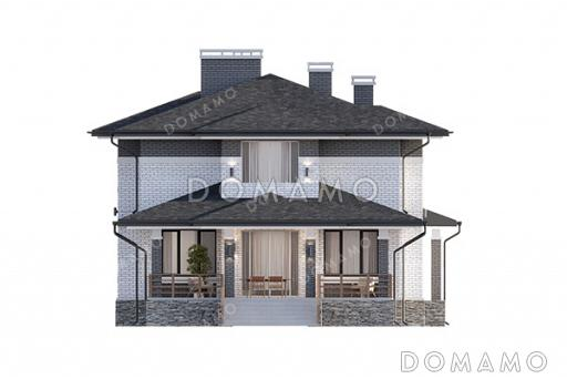 Проект большого двухэтажного дома в стиле Райт с подвалом, большой крытой террасой и балконом на втором этаже / Фасад 2