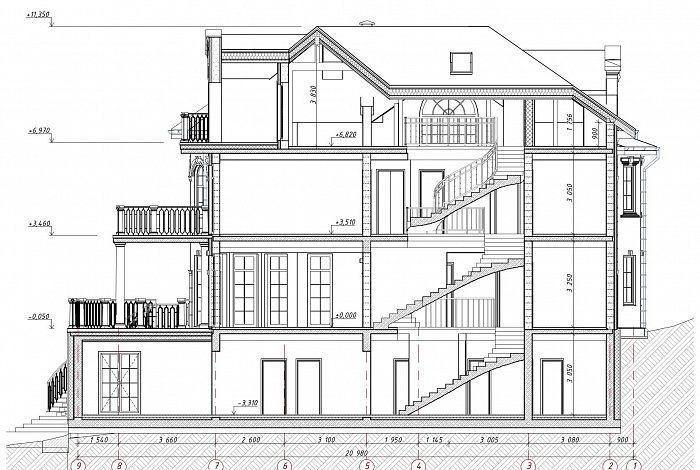 Проект семейного родового дома с террасой, балконами, кабинетами, спортивным залом, сауной