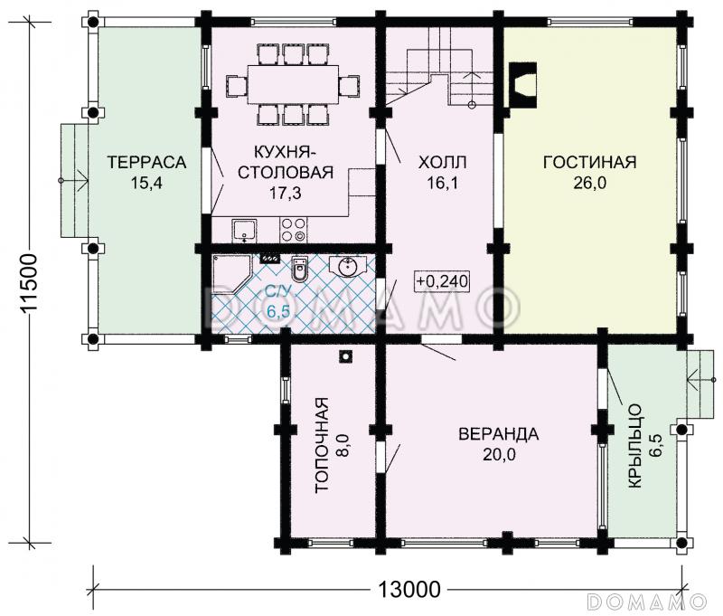 Проект дома из дерева с просторной верандой, четырьмя просторными спальными комнатами / План 1 этажа