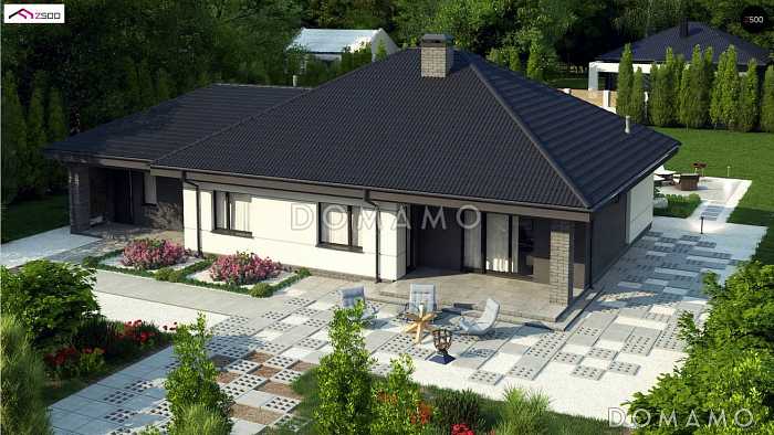 Проект просторного одноэтажного дома из кирпича с гаражом тремя спальнями, с красивыми фасадами