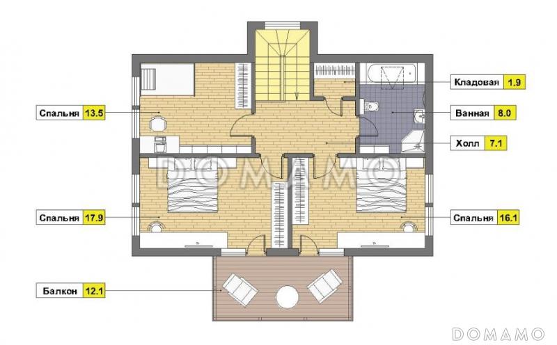 Проект дома из пеноблоков с угловой террасой и просторным балконом на мансардном этаже / План мансардного этажа