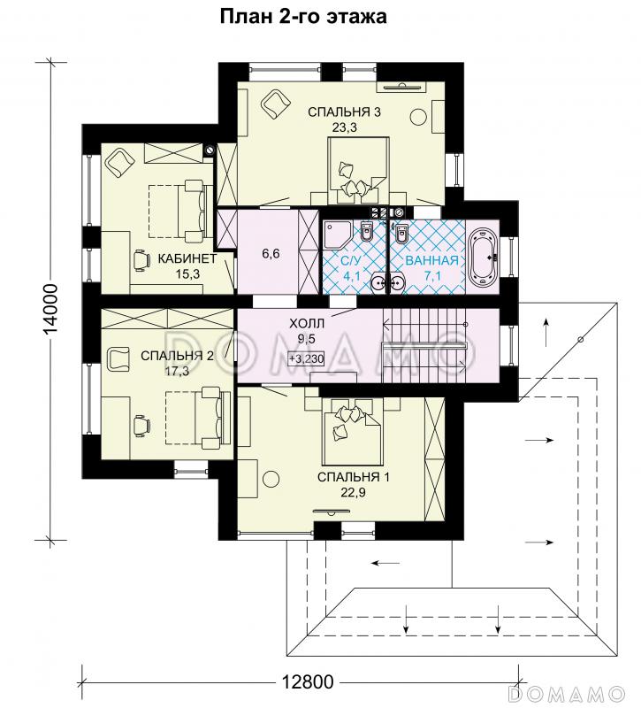 Проект двухэтажного дома по технологии ЛСТК с окнами в пол в гостиной / План 2 этажа