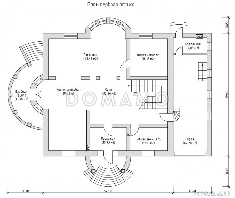 Проект двухэтажного жилого дома, запроектированного в современном стиле / План 1 этажа