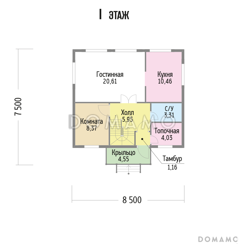 Проект компактного, функционального дома из клееного бруса с деревянной вагонкой / План 1 этажа