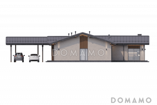 Проект одноэтажного дома с тремя спальнями, верандой для барбекю, постирочной и лапомойкой / Фасад 3