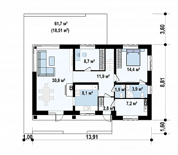 Проект двухэтажного дома из газобетона с пятью спальнями и кабинетом / План 1 этажа Проект двухэтажного дома из газобетона с пятью спальнями и кабинетом / План 1 этажа