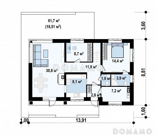 Проект двухэтажного дома из газобетона с пятью спальнями и кабинетом / План 1 этажа Проект двухэтажного дома из газобетона с пятью спальнями и кабинетом / План 1 этажа