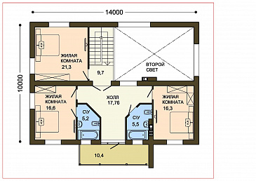 Проект двухэтажного коттеджа с контрофорсной стеной крыльца и вторым светом / План 2 этажа Проект двухэтажного коттеджа с контрофорсной стеной крыльца и вторым светом / План 2 этажа