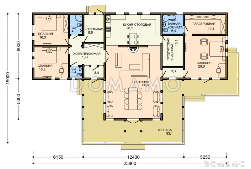 Проект большого усадебного дома с парадной гостиной, тремя спальнями и приватной зоной хозяев / План 1 этажа