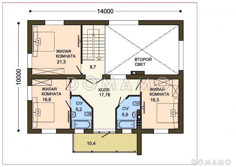 Проект двухэтажного коттеджа с контрофорсной стеной крыльца и вторым светом / План 2 этажа