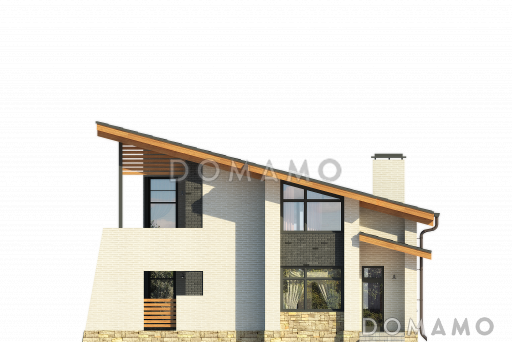 Проект загородного дома с косой крышей, открытой террасой, двумя балконами, панорамными окнами / Фасад 2