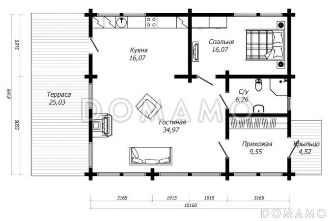 Проект одноэтажного дома из клееного бруса с одной спальней / План 1 этажа
