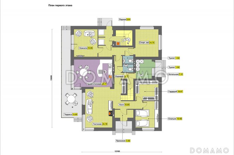 Проект дома с парной, террасой по длине дома, спальней на первом этаже, спортзалом / План 1 этажа