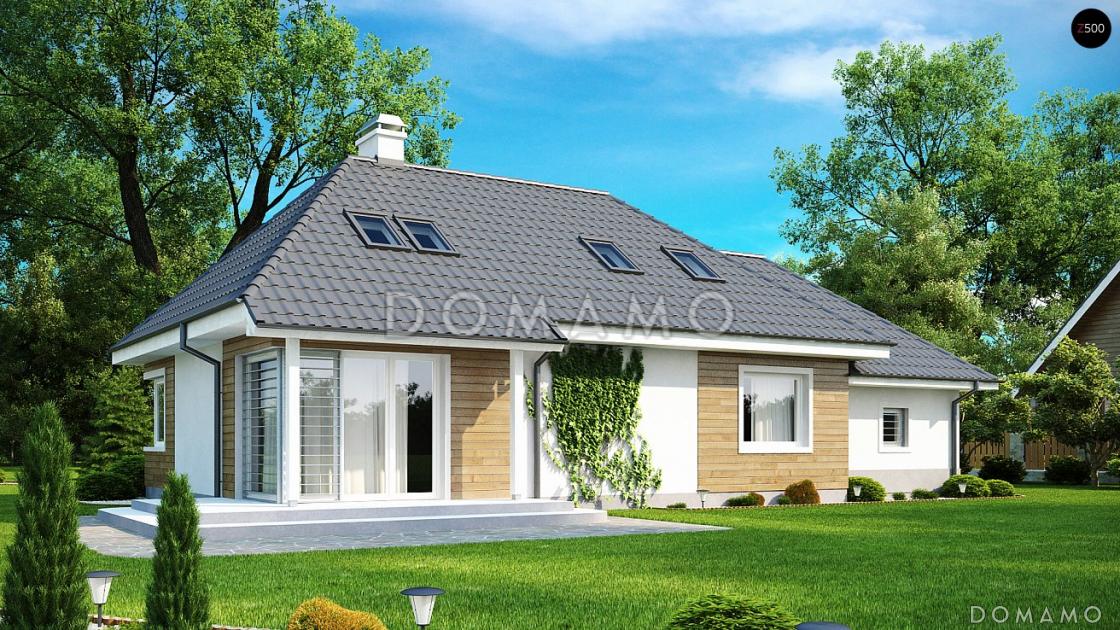 Проект одноэтажного мансардного дома из кирпича с кабинетом, угловым окном в гостиной и гаражом / 2