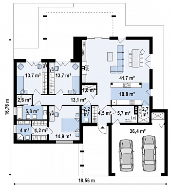 Проект просторного современного одноэтажного дома из кирпича с плоской крышей с тремя спальнями, крытой террасой и гаражом / План 1 этажа Проект просторного современного одноэтажного дома из кирпича с плоской крышей с тремя спальнями, крытой террасой и гаражом / План 1 этажа