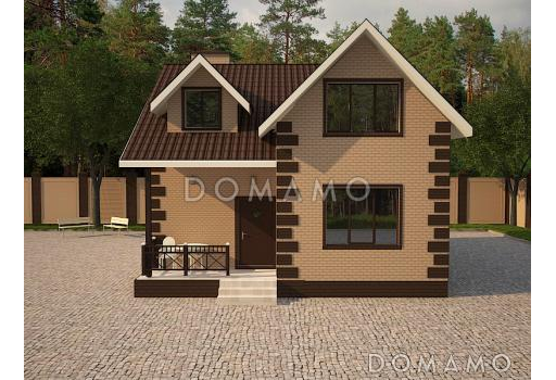 Проект загородного дома с винтовой лестницей на мансардный этаж, раздельным санузлом, террасой  / Фасад 1