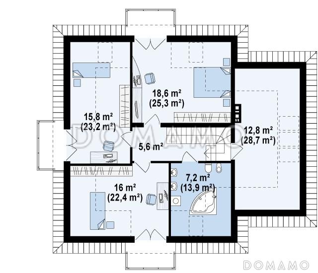 Проект одноэтажного мансардного дома из газобетона с кабинетом, гаражом и тремя балконами / План мансардного этажа