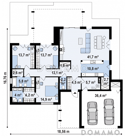 Проект просторного современного одноэтажного дома из кирпича с плоской крышей с тремя спальнями, крытой террасой и гаражом / План 1 этажа Проект просторного современного одноэтажного дома из кирпича с плоской крышей с тремя спальнями, крытой террасой и гаражом / План 1 этажа