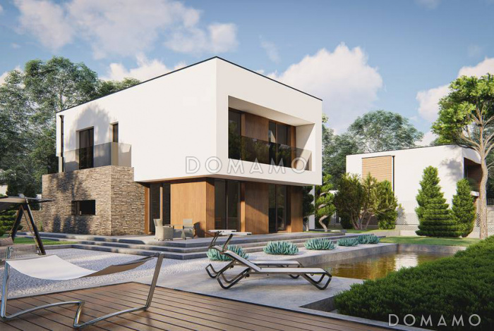 Проект двухэтажного дома с гаражом, гостиной с камином, кладовой, балконами, мастер-спальней Проект двухэтажного дома с гаражом, гостиной с камином, кладовой, балконами, мастер-спальней