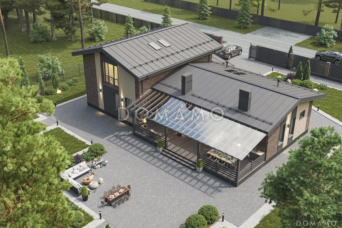 Проект мансардного дома из газобетона с террасой барбекю, автонавесом и сауной / 1