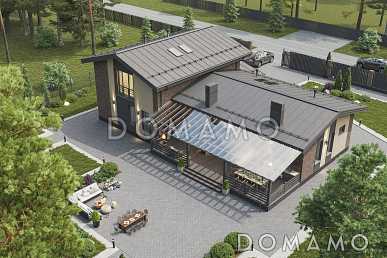 Проект мансардного дома из газобетона с террасой барбекю, автонавесом и сауной