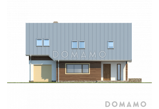 Проект одноэтажного мансардного дома из газобетона с кабинетом, тремя спальнями и гаражом / Фасад 1