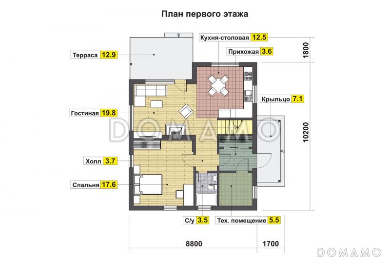 Проект лаконичного дома с лоджией в скандинавском стиле / План 1 этажа