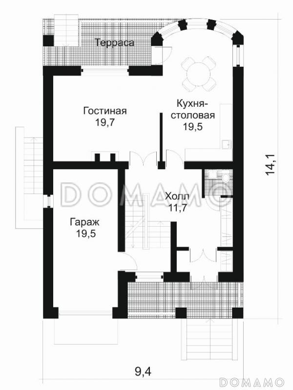 Проект дома из кирпича с мансардой и гаражом / План 1 этажа