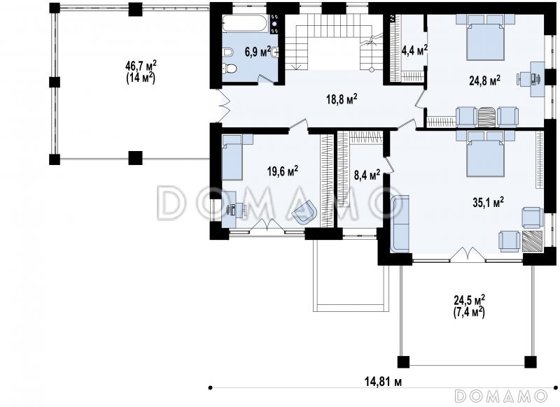 Проект просторного двухэтажного дома из газобетона с четырьмя комнатами, гаражом и террасами на обоих уровнях / План 2 этажа