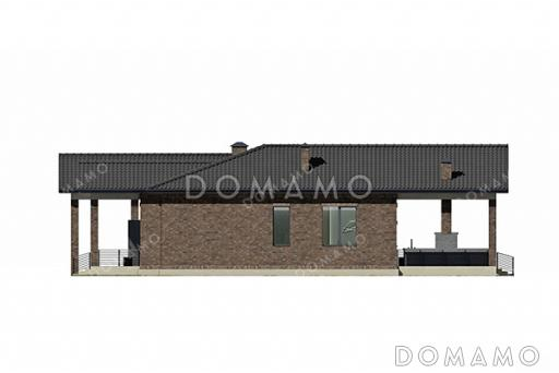 Проект дома с подвалом, гаражом, навесом, тремя спальнями и террасой / Фасад 4