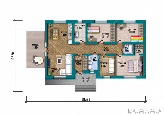 Проект прямоугольного одноэтажного дома с двухскатной фальцевой кровлей, вторым светом и классической отделкой облицовочным кирпичом и планкеном / План 1 этажа Проект прямоугольного одноэтажного дома с двухскатной фальцевой кровлей, вторым светом и классической отделкой облицовочным кирпичом и планкеном / План 1 этажа