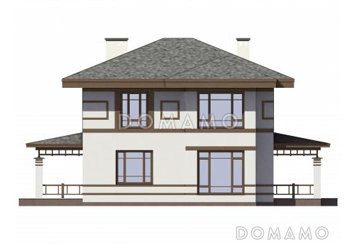 Проект двухэтажного газобетонного дома с гаражом,, масштабным остеклением и двумя террасами / Фасад 3