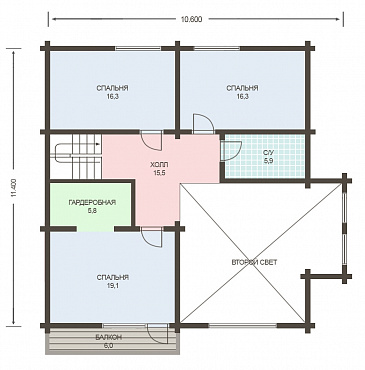 Проект деревянного дома из клееного бруса с большой совмещенной гостиной с кухней / План мансардного этажа Проект деревянного дома из клееного бруса с большой совмещенной гостиной с кухней / План мансардного этажа