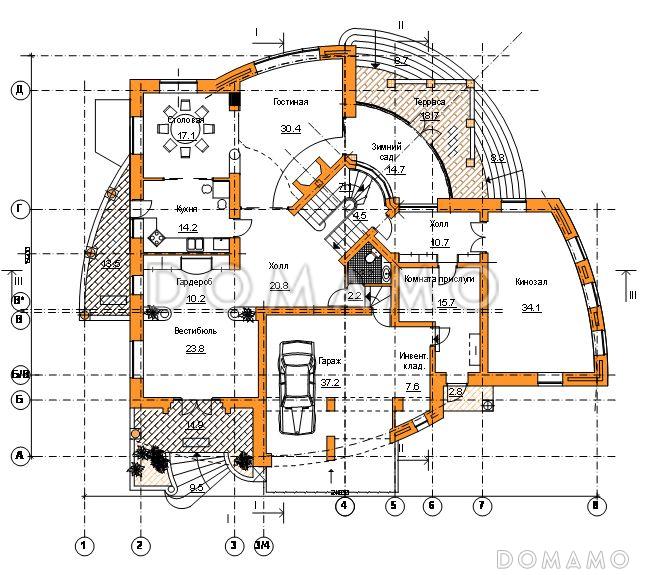 Проект коттеджа с оригинальной планировкой и гаражом на 2 а/м / План 1 этажа