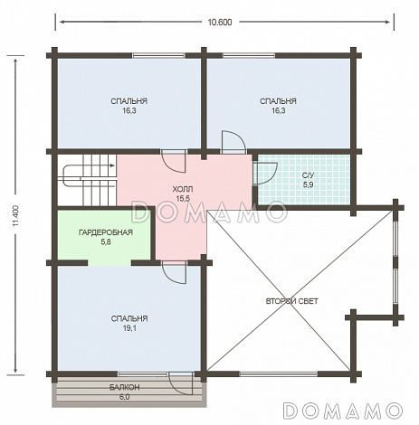 Проект деревянного дома из клееного бруса с большой совмещенной гостиной с кухней / План мансардного этажа Проект деревянного дома из клееного бруса с большой совмещенной гостиной с кухней / План мансардного этажа