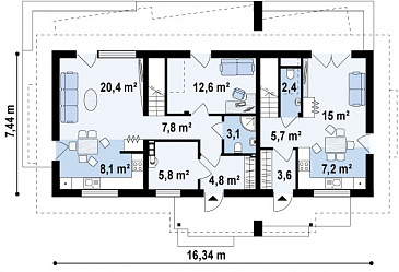 Проект одноэтажного мансардного дома из газобетона с отдельными входами для двух семей / План 1 этажа Проект одноэтажного мансардного дома из газобетона с отдельными входами для двух семей / План 1 этажа