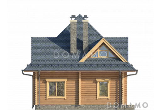 Проект одноэтажного дома из оцилиндрованного бревна с мансардой с просторной гостиной / Фасад 1