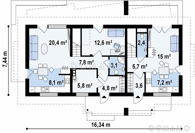 Проект одноэтажного мансардного дома из газобетона с отдельными входами для двух семей / План 1 этажа Проект одноэтажного мансардного дома из газобетона с отдельными входами для двух семей / План 1 этажа
