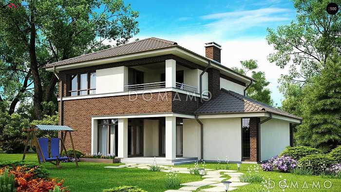 Проект двухэтажного дома с удобной планировкой, балконом на две спальни, кабинетом, гаражом, террасой