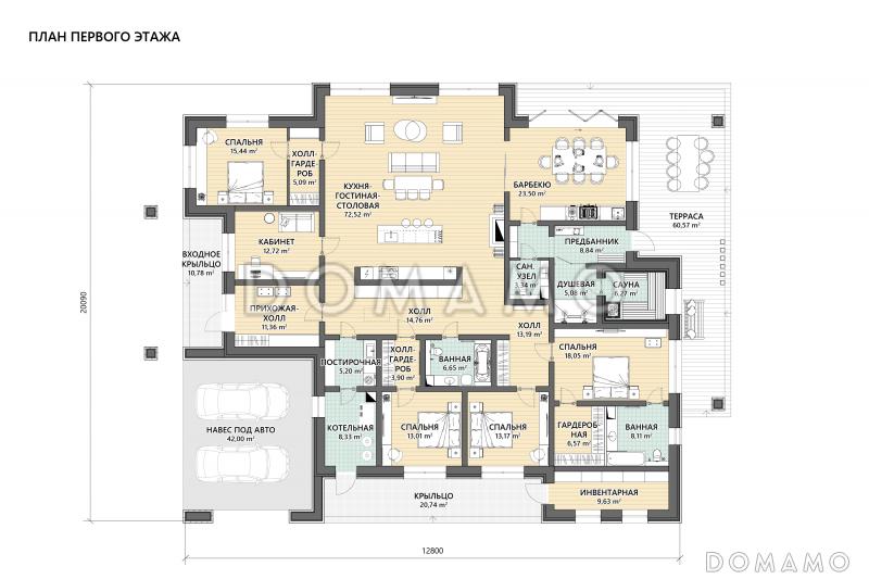 Проект современного дома с сауной, крытой террасой с барбекю, навесом для двух машин и 4 спальнями / План 1 этажа