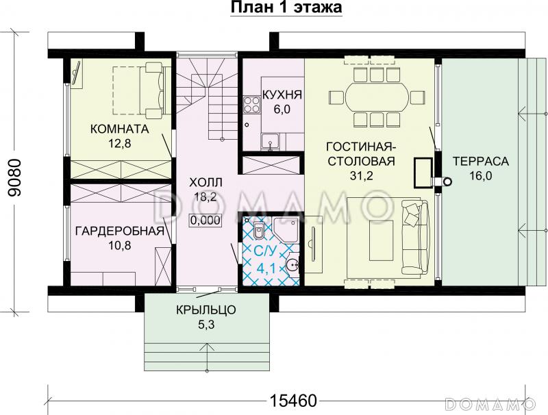 Проект каркасного А-образного дома-шалаша / План 1 этажа