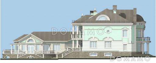 Проект коттеджа с двусветной гостиной, бильярдной и бассейном / Фасад 2 Проект коттеджа с двусветной гостиной, бильярдной и бассейном / Фасад 2