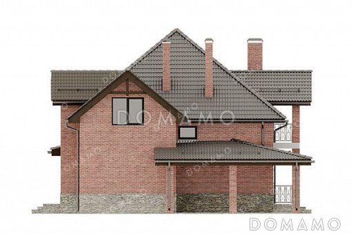 Проект одноэтажного дома с мансардой, просторной террасой и навесом для автомобиля / Фасад 2