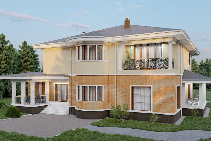 Проект просторного двухэтажного дома с эркером, двумя террасами и гаражом на 2 места