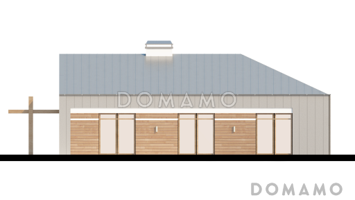 Проект углового одноэтажного дома из кирпича с облицовкой деревянной вагонкой и с гаражом на два автомобиля / Фасад 1