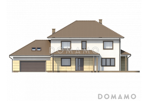Проект просторного современного двухэтажного дома из кирпича, с пятью комнатами, бильярдной и гаражом / Фасад 2